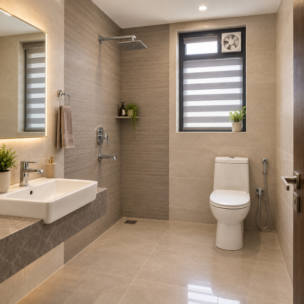 Modern bathroom, contemporary bathroom, luxury bathroom, stylish bathroom, clean bathroom, compact bathroom, toilet, western toilet, ceramic toilet, bathroom fixtures, wall mounted shower, shower head, water heater, electric geyser, wash basin, bathroom sink, chrome faucet, handheld bidet, health faucet, glass shelf, ventilation window, exhaust fan, patterned tiles, geometric tiles, grey tiles, white tiles, dark grey tiles, textured walls, tiled floor, marble effect, modern interiors, residential bathroom, home bathroom, bathroom design, interior design, sanitaryware, plumbing fixtures, bathroom accessories, minimalist bathroom, functional bathroom, bright bathroom, clean tiles, modern home, apartment bathroom, Indian bathroom, contemporary decor, utility space, indoor plumbing, sleek fixtures.